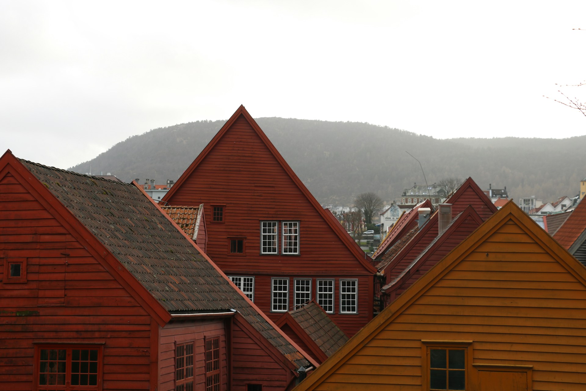 a row of wooden houses with mountains in the background