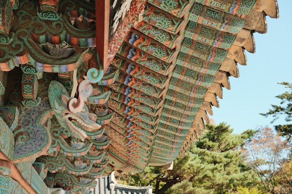 A close up of a roof with a bird on it — Gyeongju, South Korea