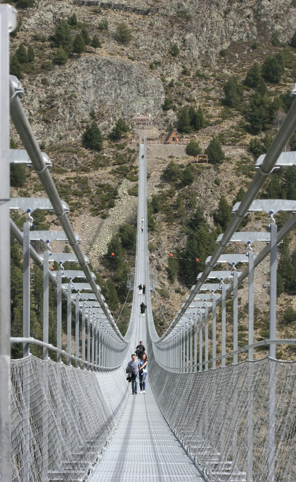 a couple of people walking across a suspension bridge