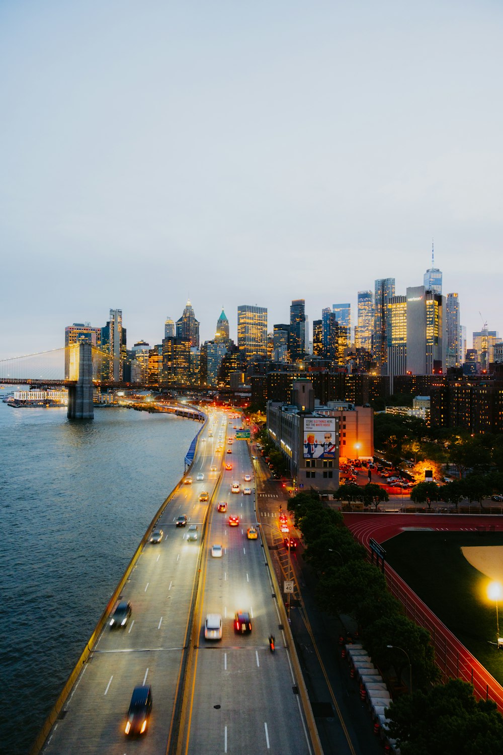 a view of a city skyline from a bridge