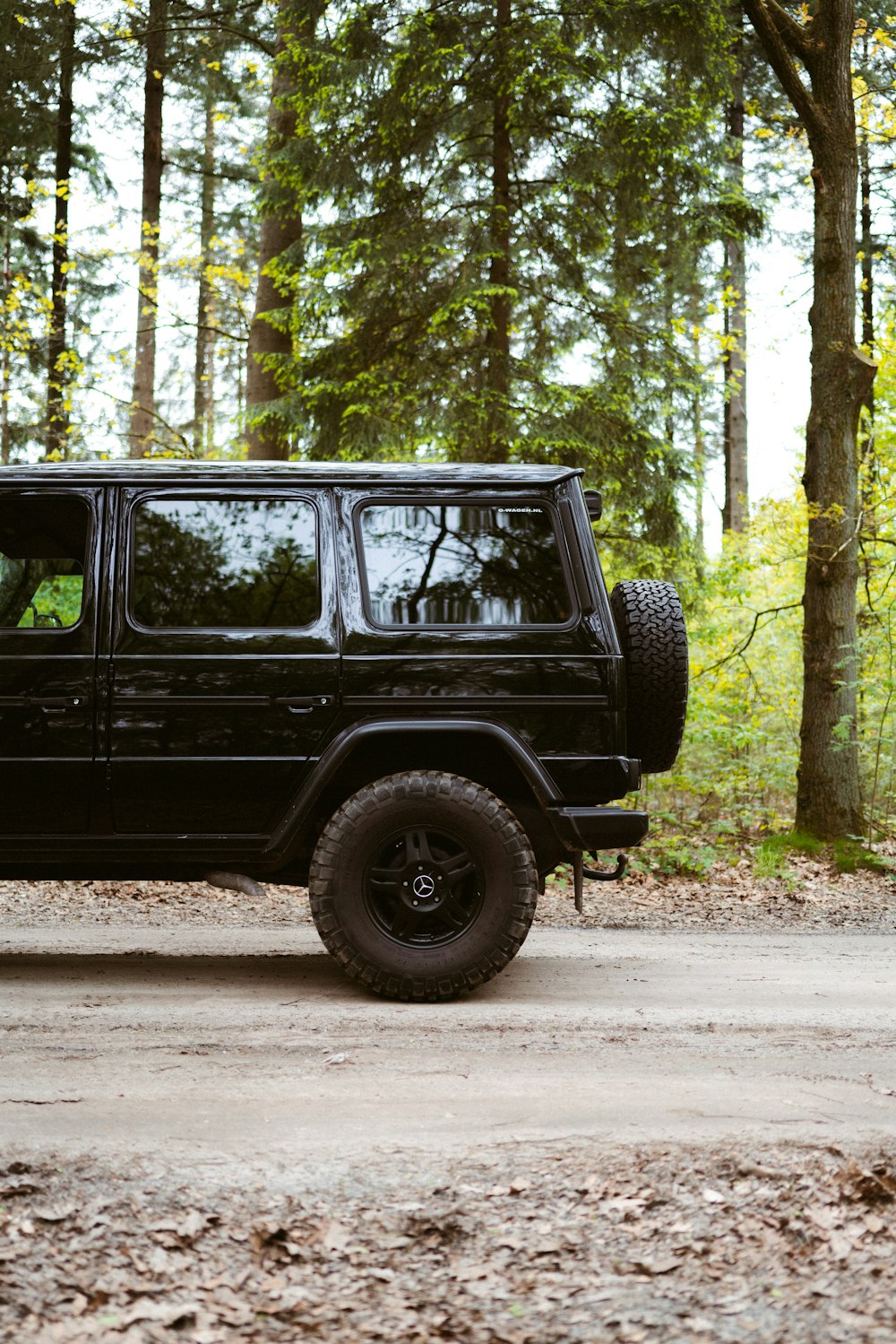 Ein schwarzer Jeep ist im Wald geparkt