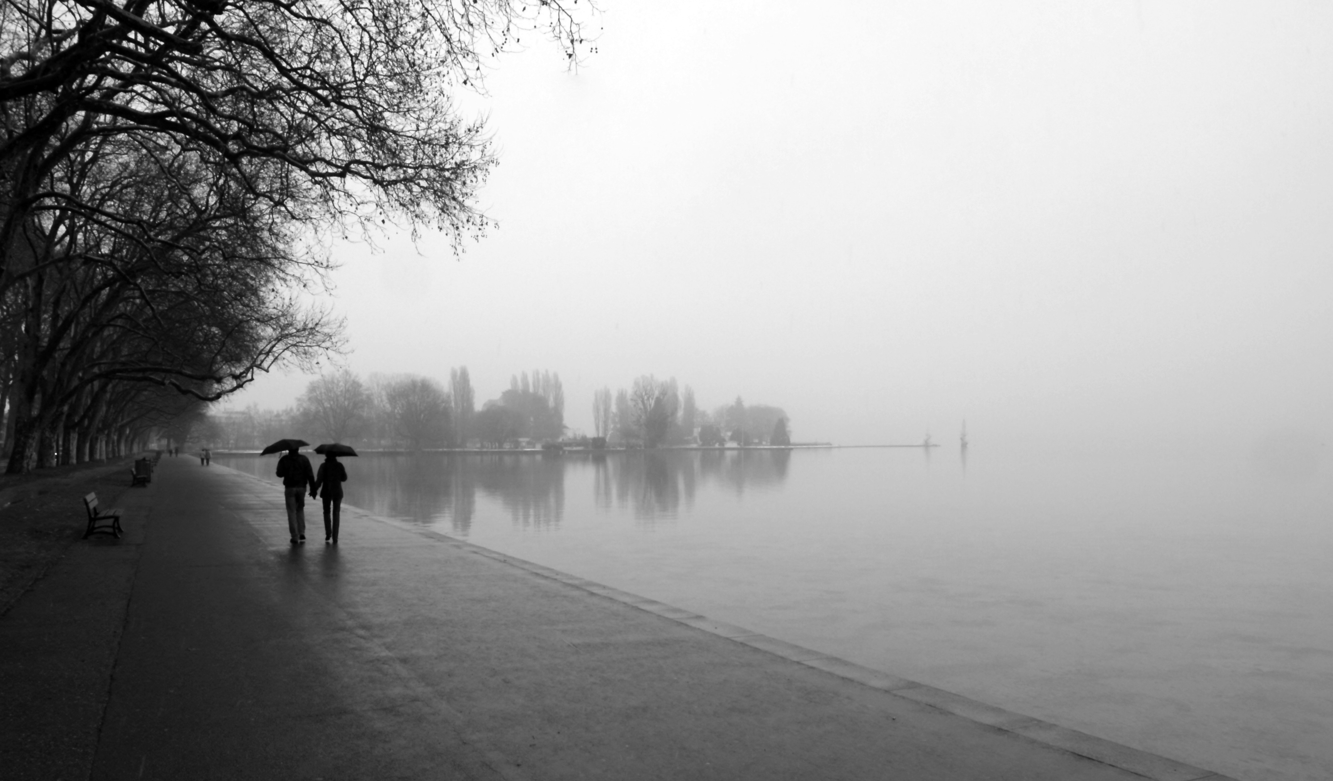 a couple of people walking down a sidewalk next to a lake