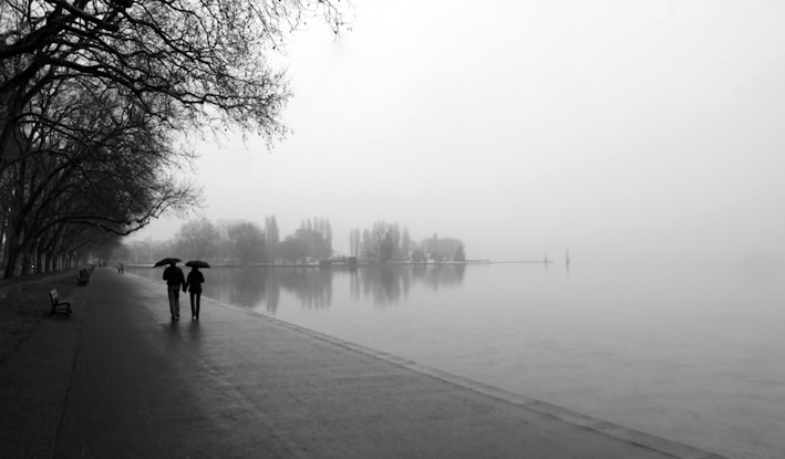 a couple of people walking down a sidewalk next to a lake