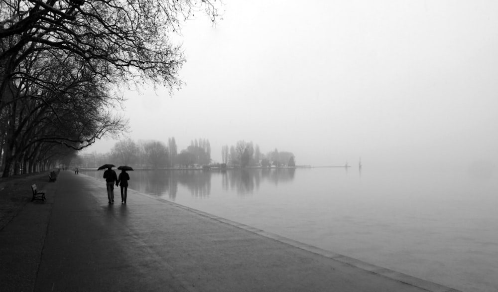 a couple of people walking down a sidewalk next to a lake