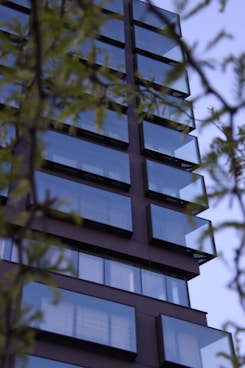 a tall building with lots of windows next to a tree