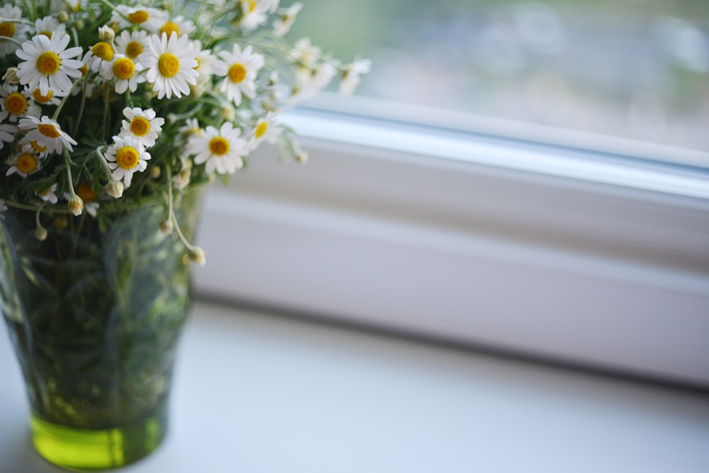 a vase of daisies sitting on a window sill