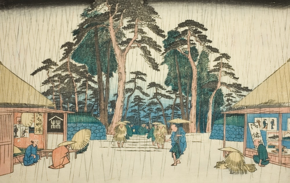 a painting of people walking in the rain
