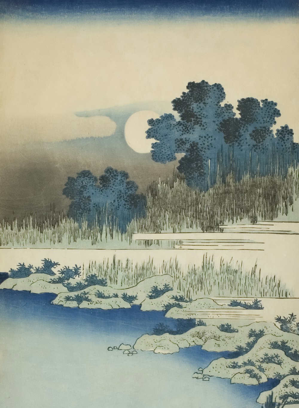 Una pintura de un paisaje con árboles y agua