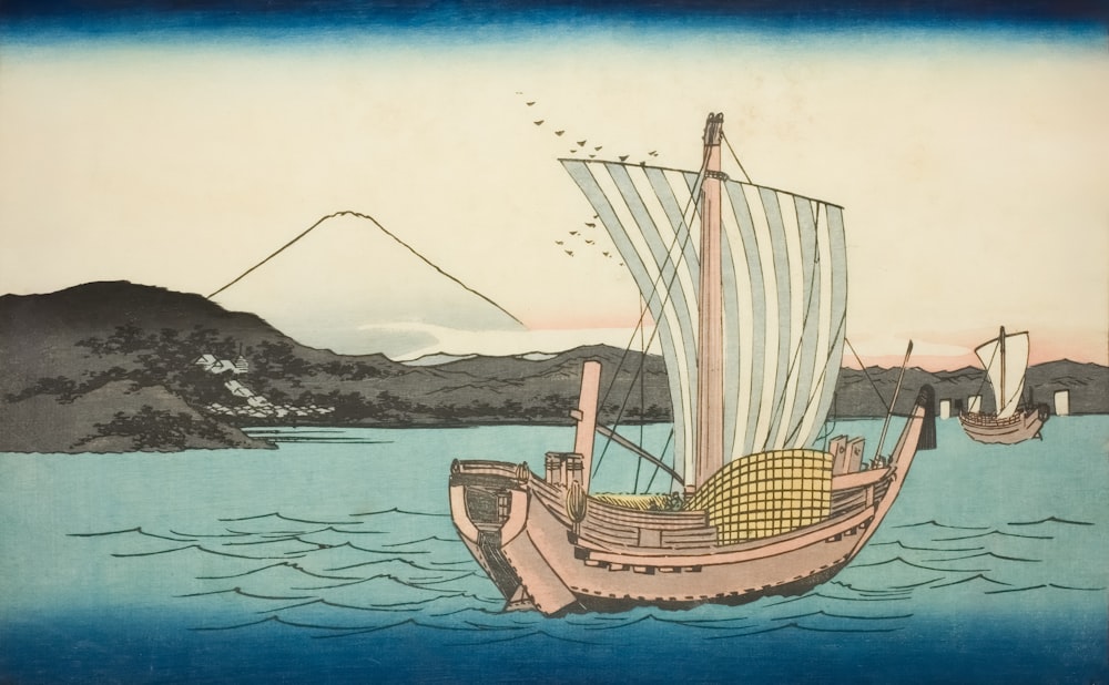 a painting of a boat floating on a body of water