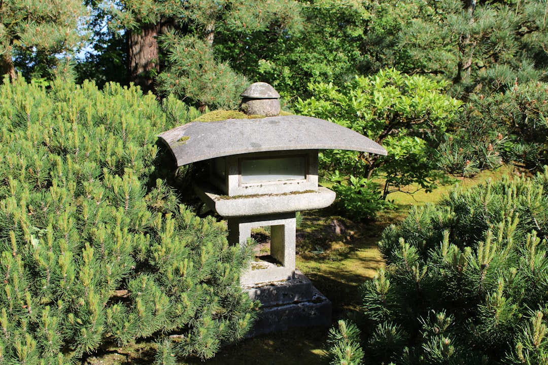 a stone lantern in the middle of a garden