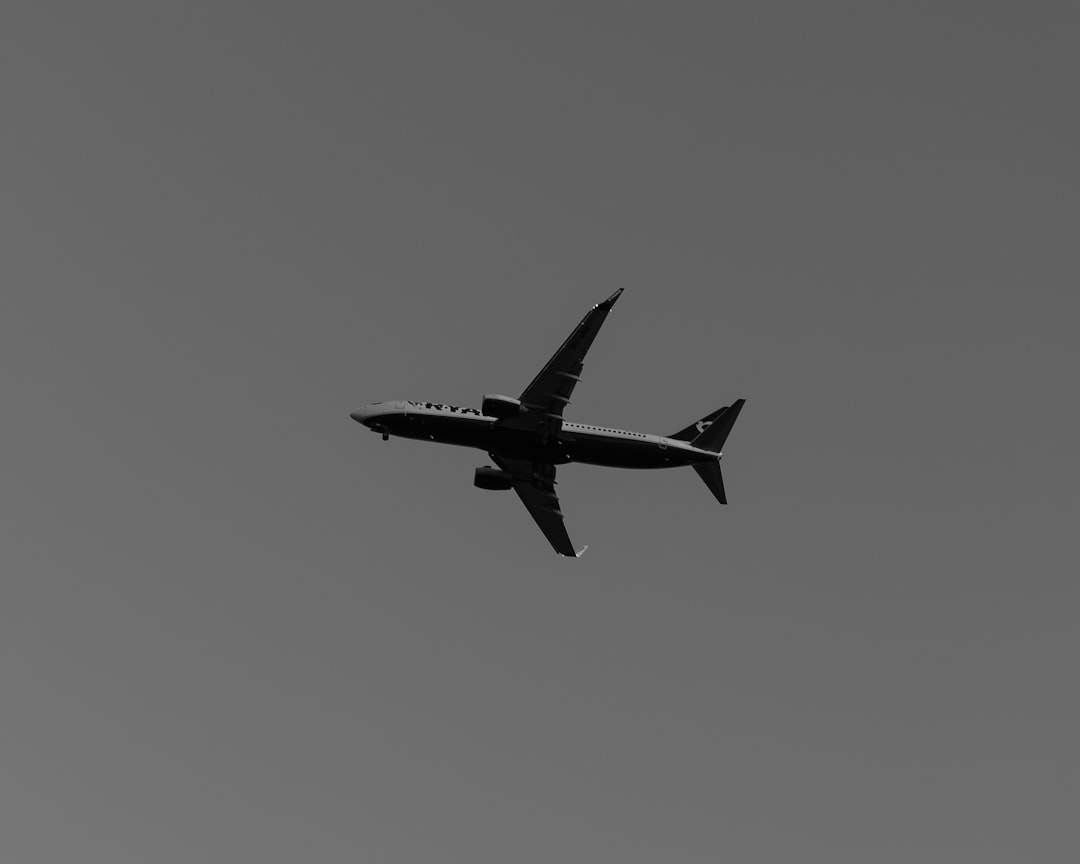 a large jetliner flying through a gray sky, A silhouette of a commercial airplane flying in a clear sky.