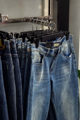 a pair of jeans hanging on a clothes rack