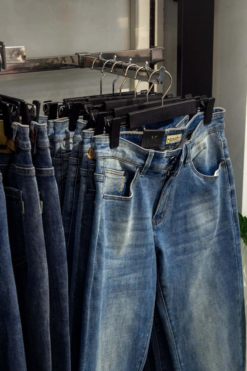 A pair of jeans hanging on a clothes rack