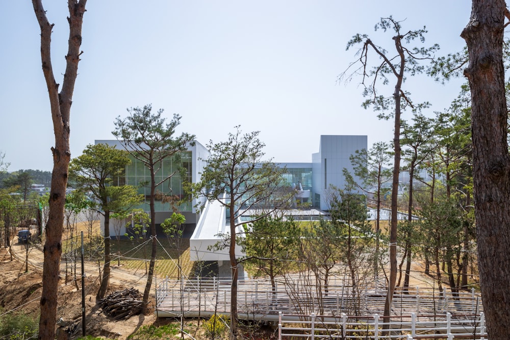 a building surrounded by trees in a forest