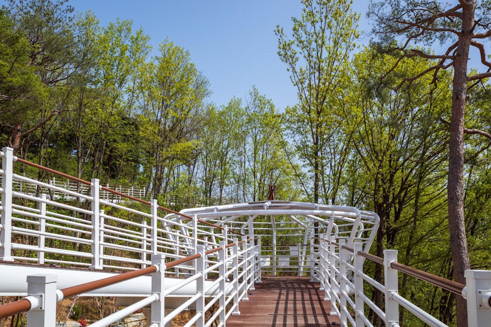 a white metal walkway in a wooded area