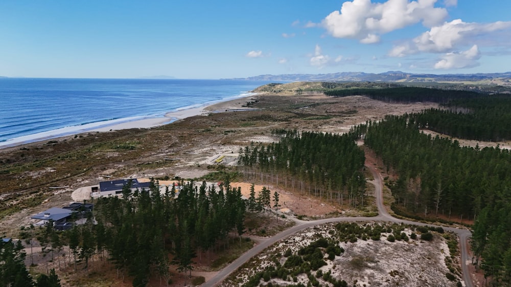 a bird's eye view of a beach and forest