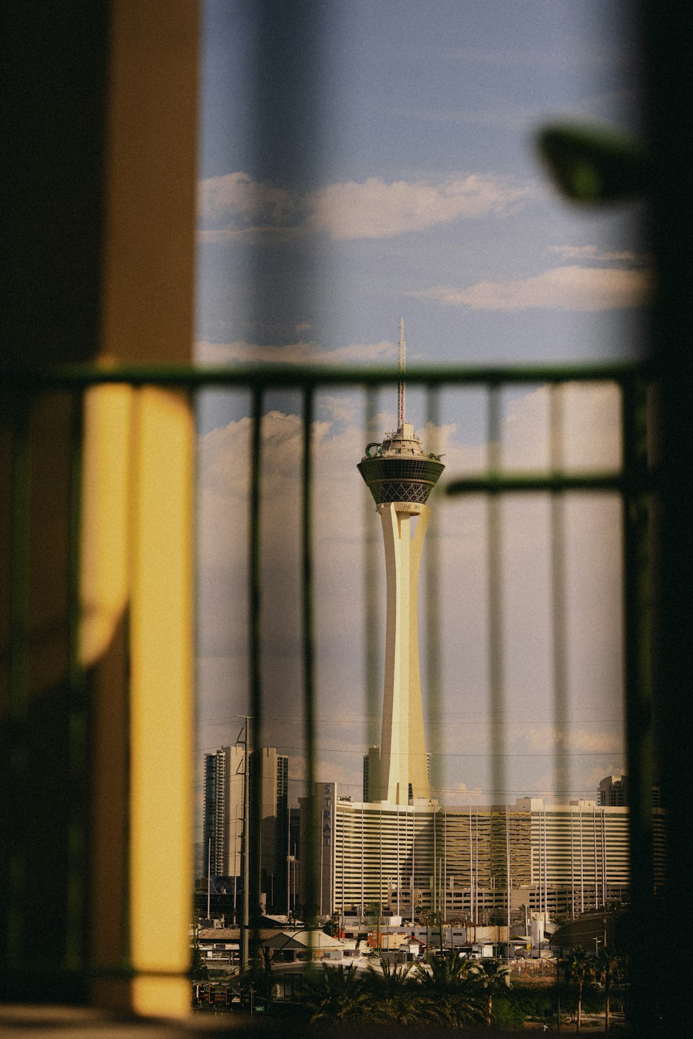 a view of the space needle from a balcony