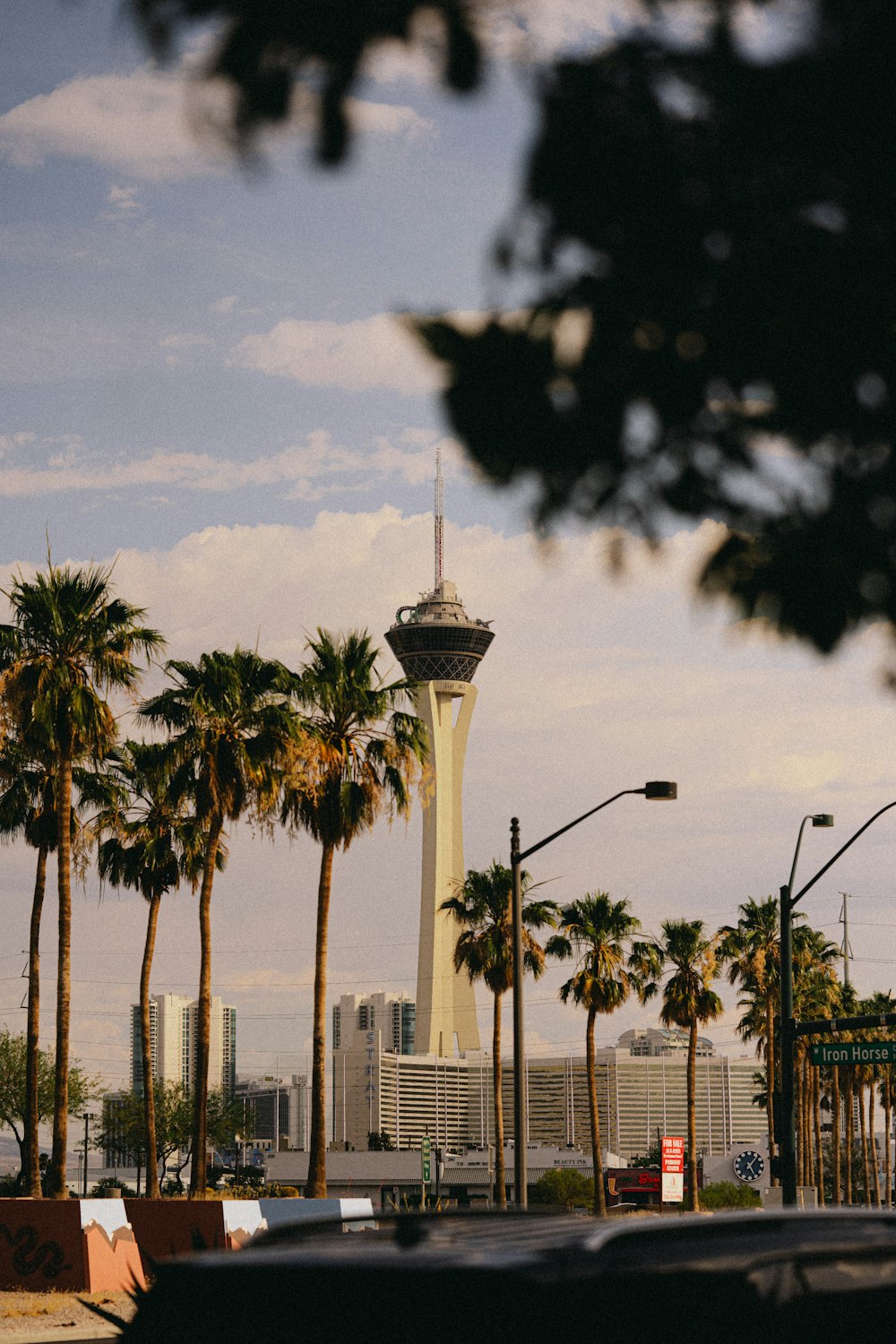 a tall tower towering over a city next to palm trees