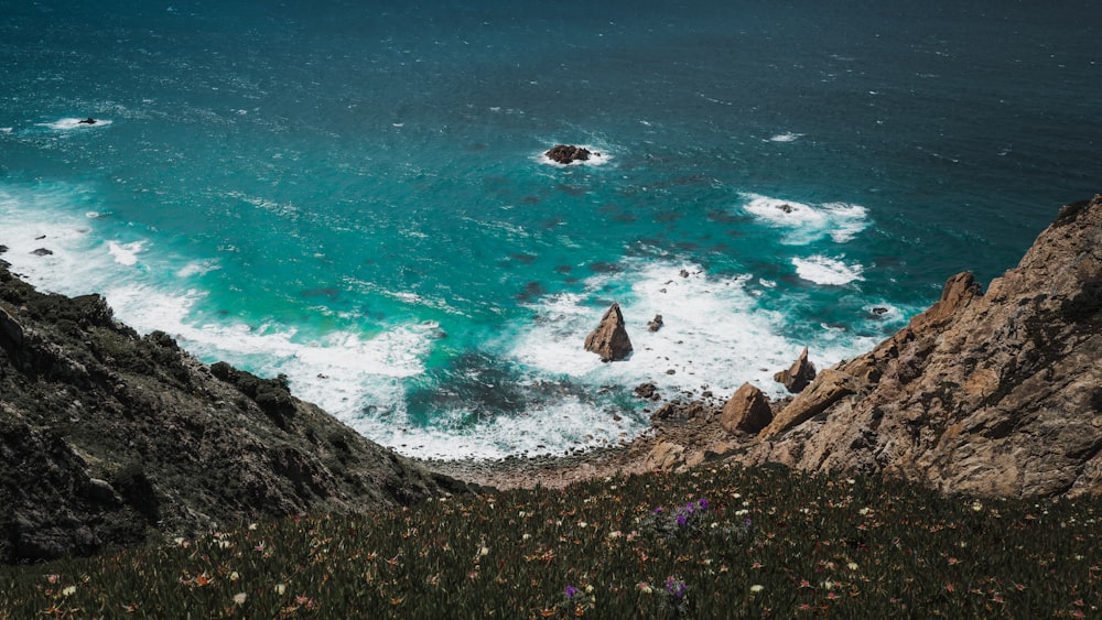 a view of the ocean from the top of a hill