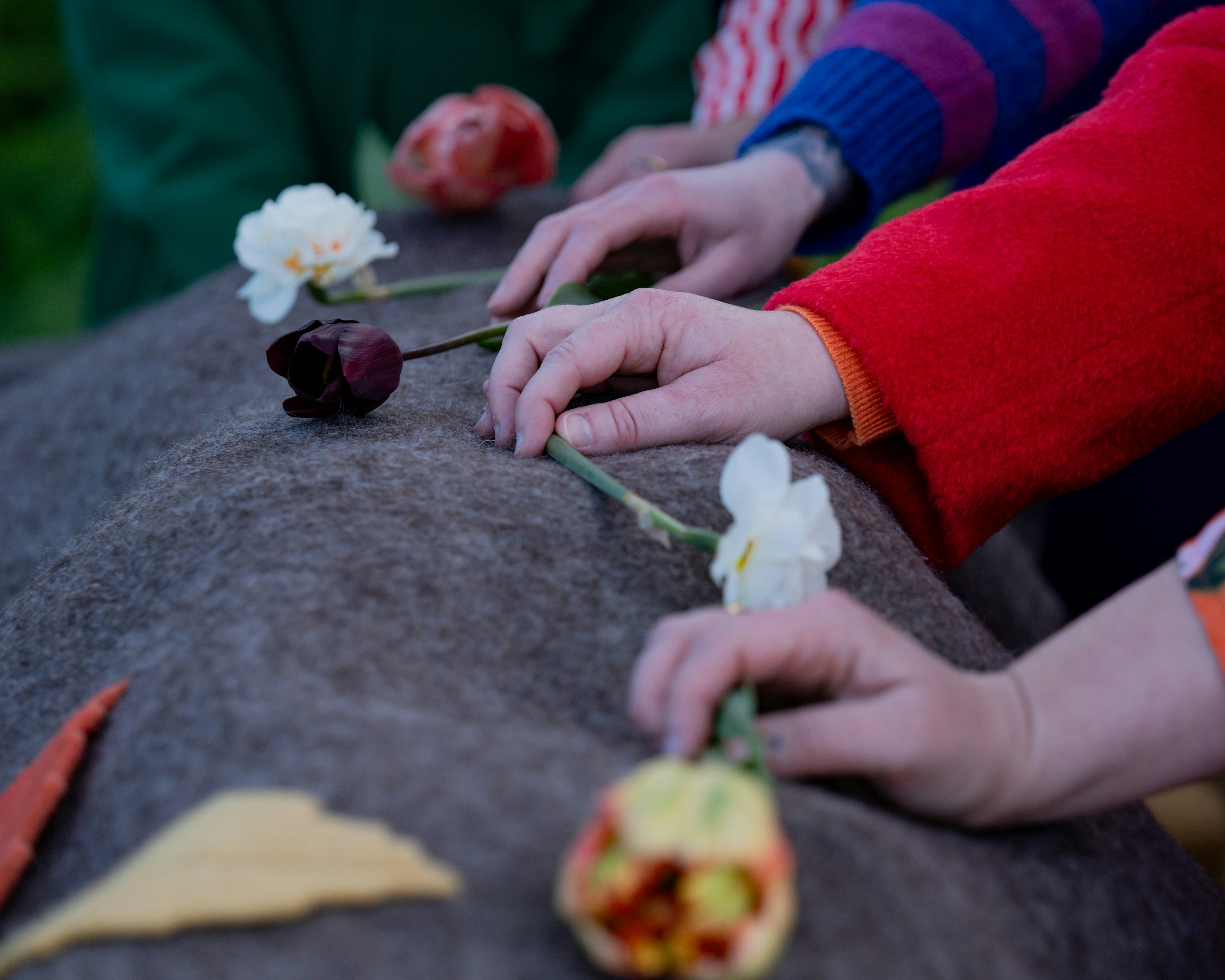 a couple of people that are touching some flowers
