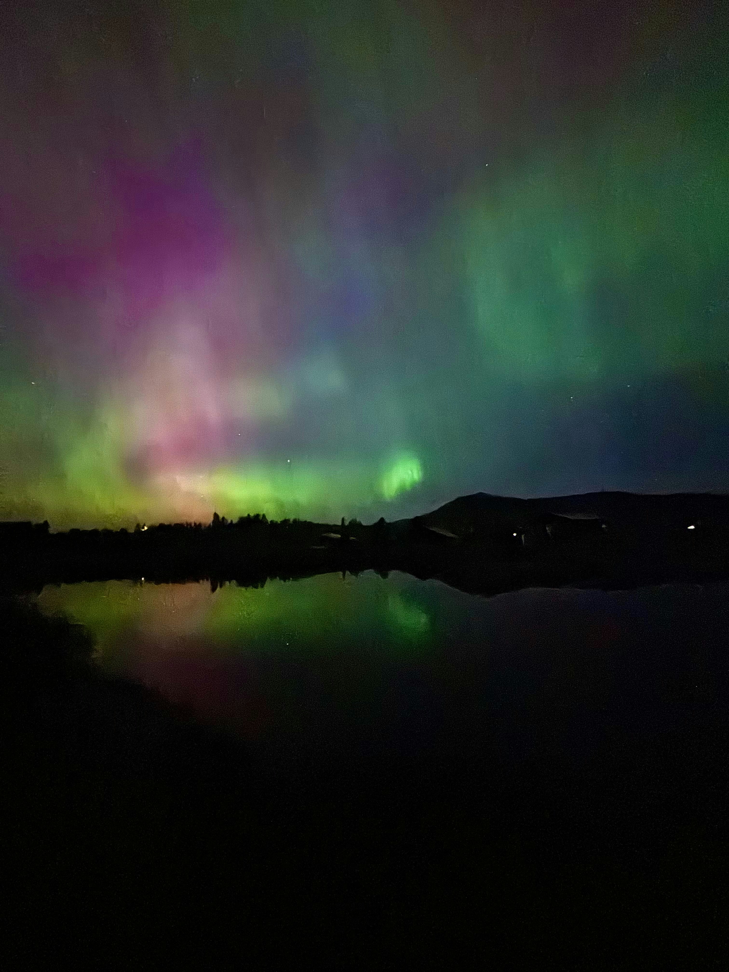 Northern lights aurora borealis green and purple ribbons over dark Icelandic fjord, still black water reflection