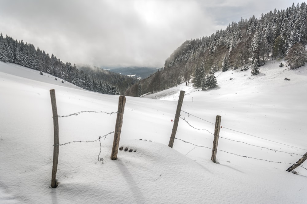 a fence in the snow with a mountain in the background