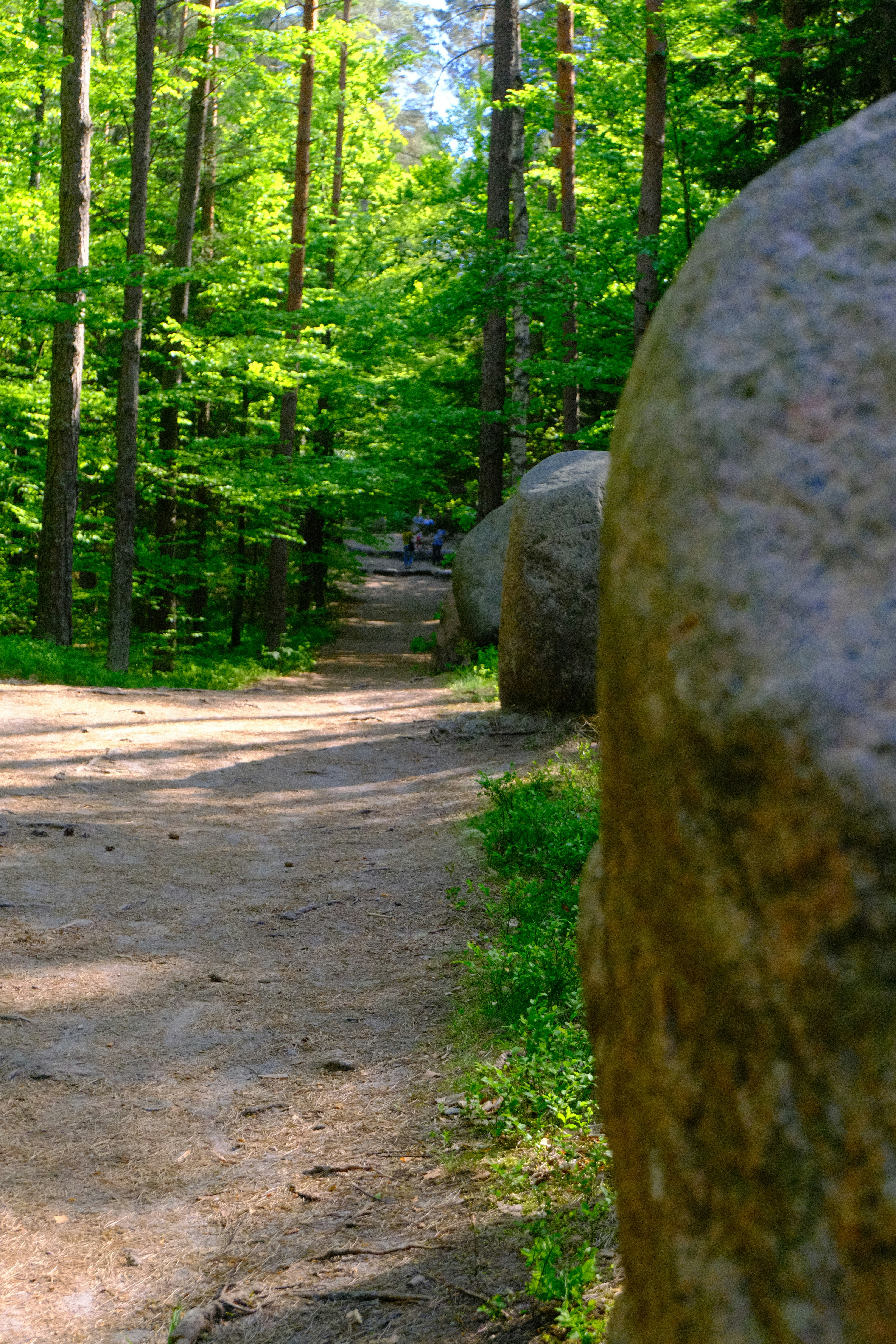 a large rock sitting on the side of a dirt road