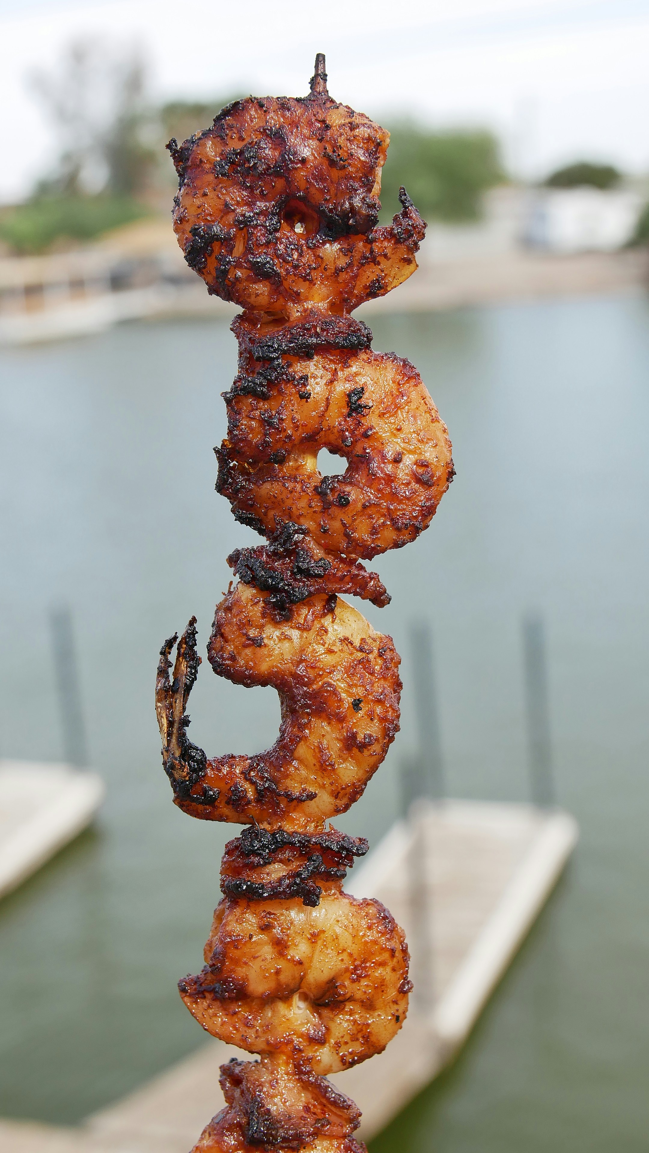 a close up of a skewer of food near a body of water