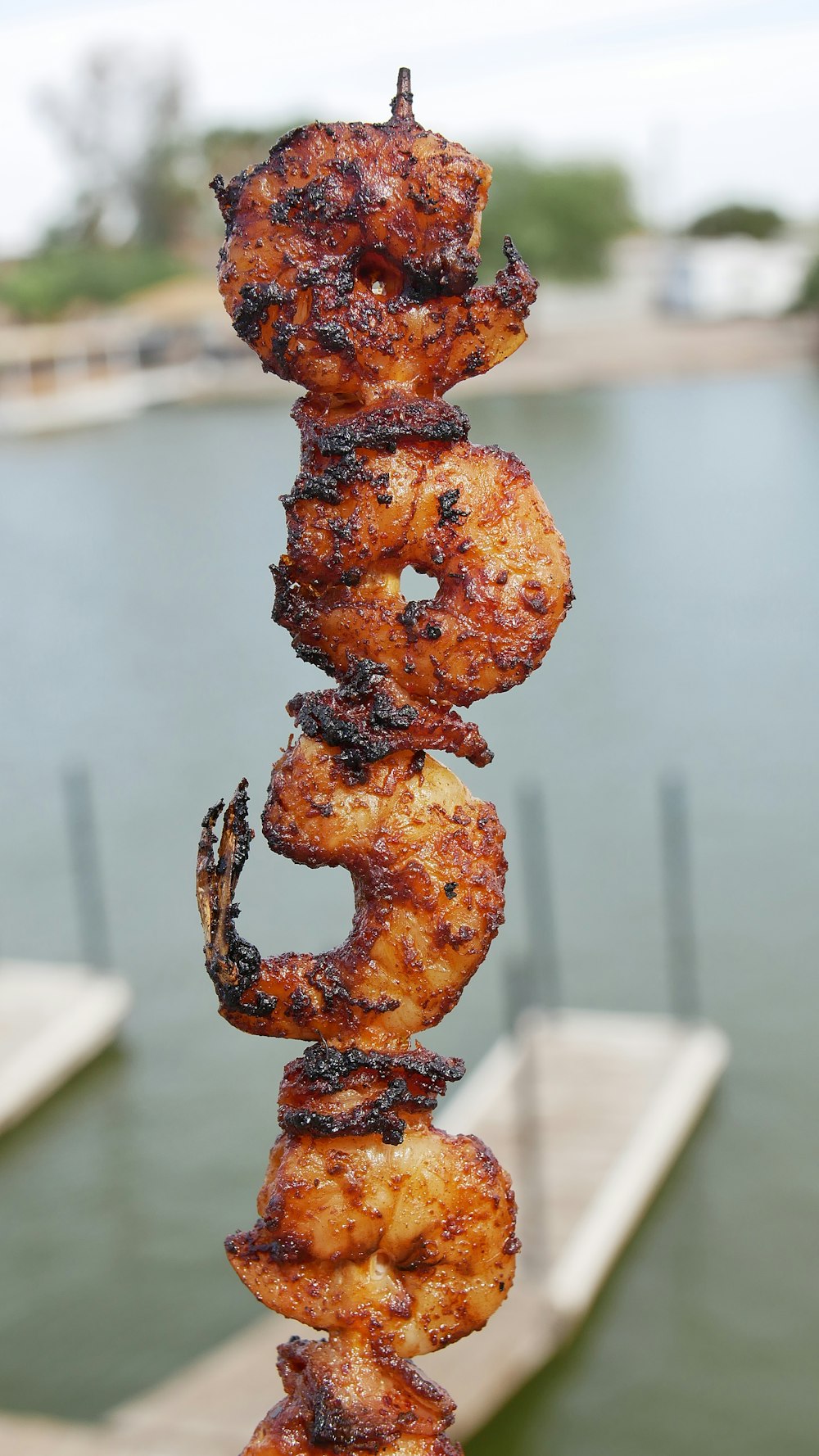 a close up of a skewer of food near a body of water