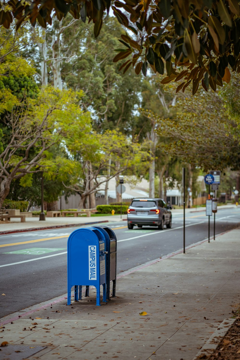 a blue trash can sitting on the side of a road