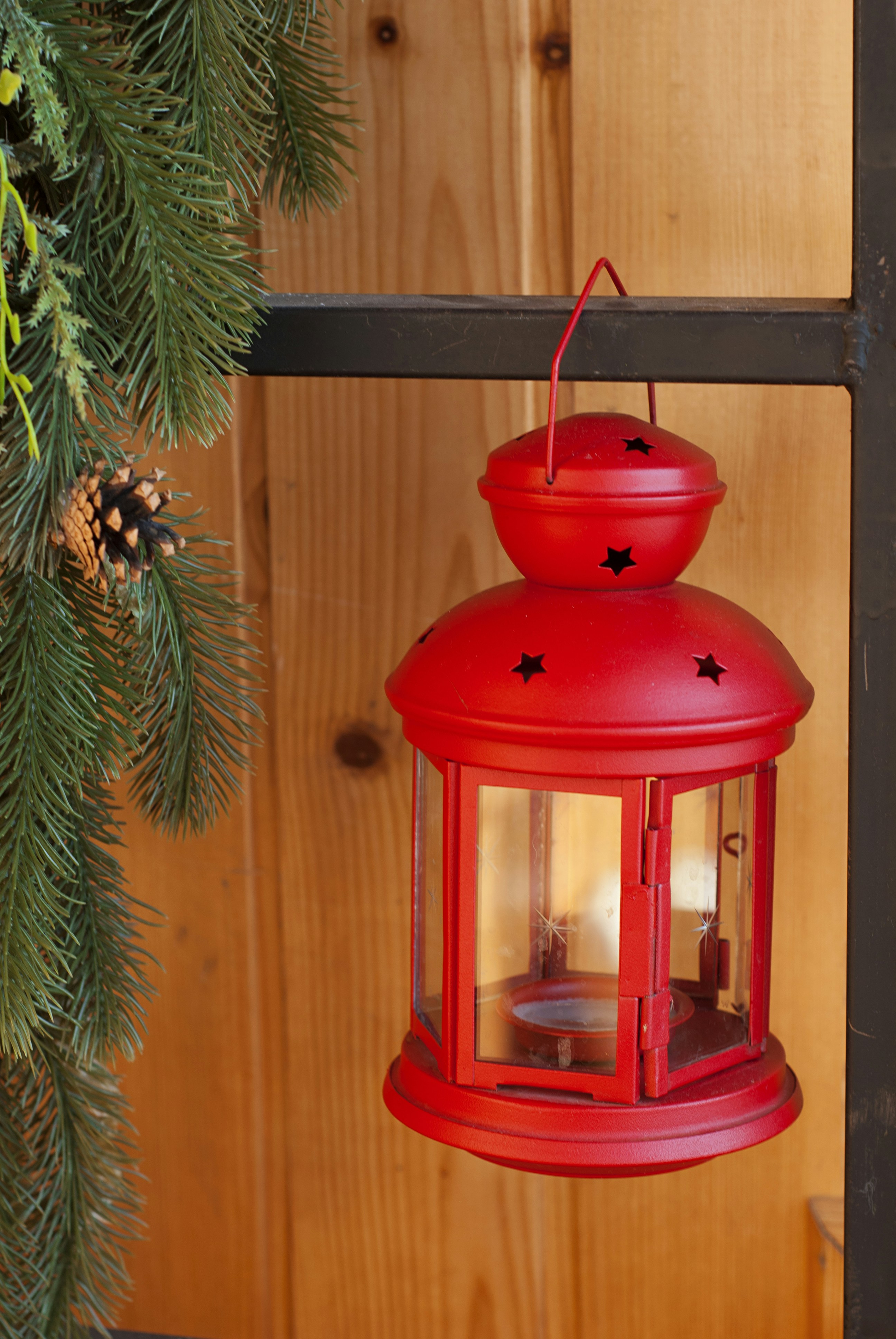 a red lantern hanging from a pine tree