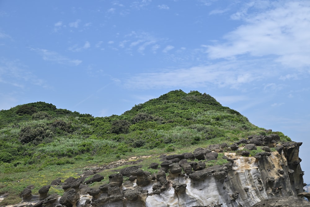 a large rock formation on the side of a hill