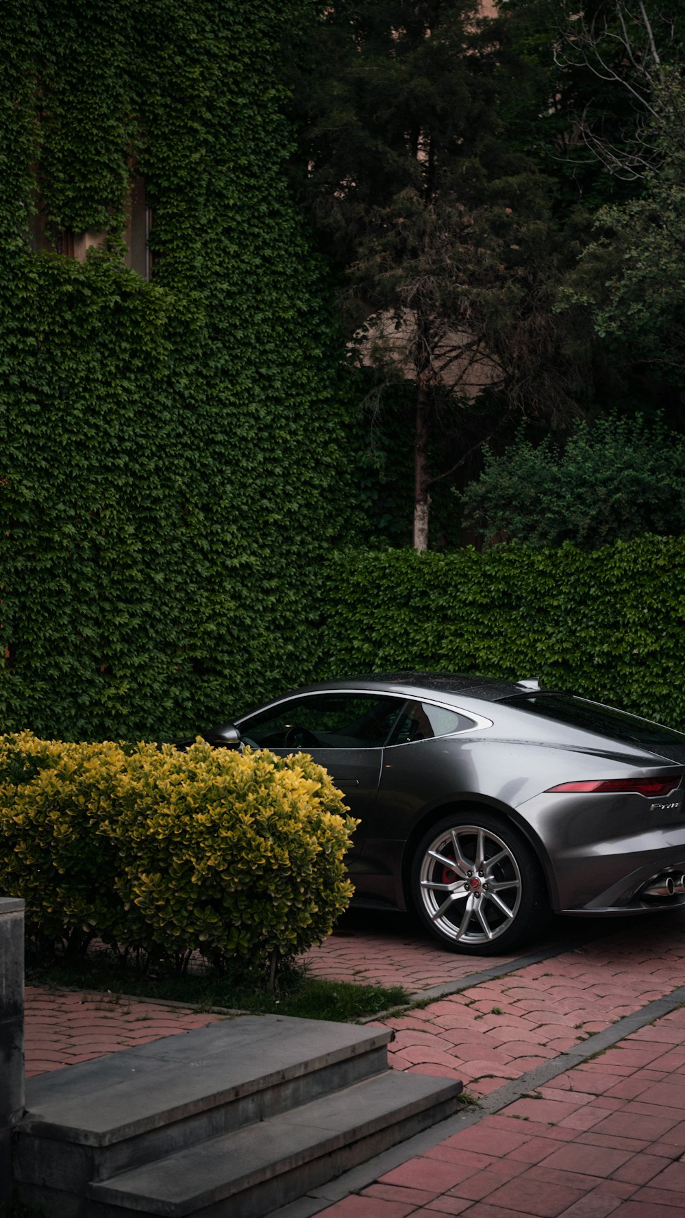a silver sports car parked in front of a hedge