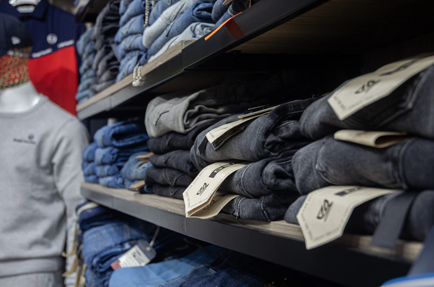 a store shelf with a lot of clothes on it