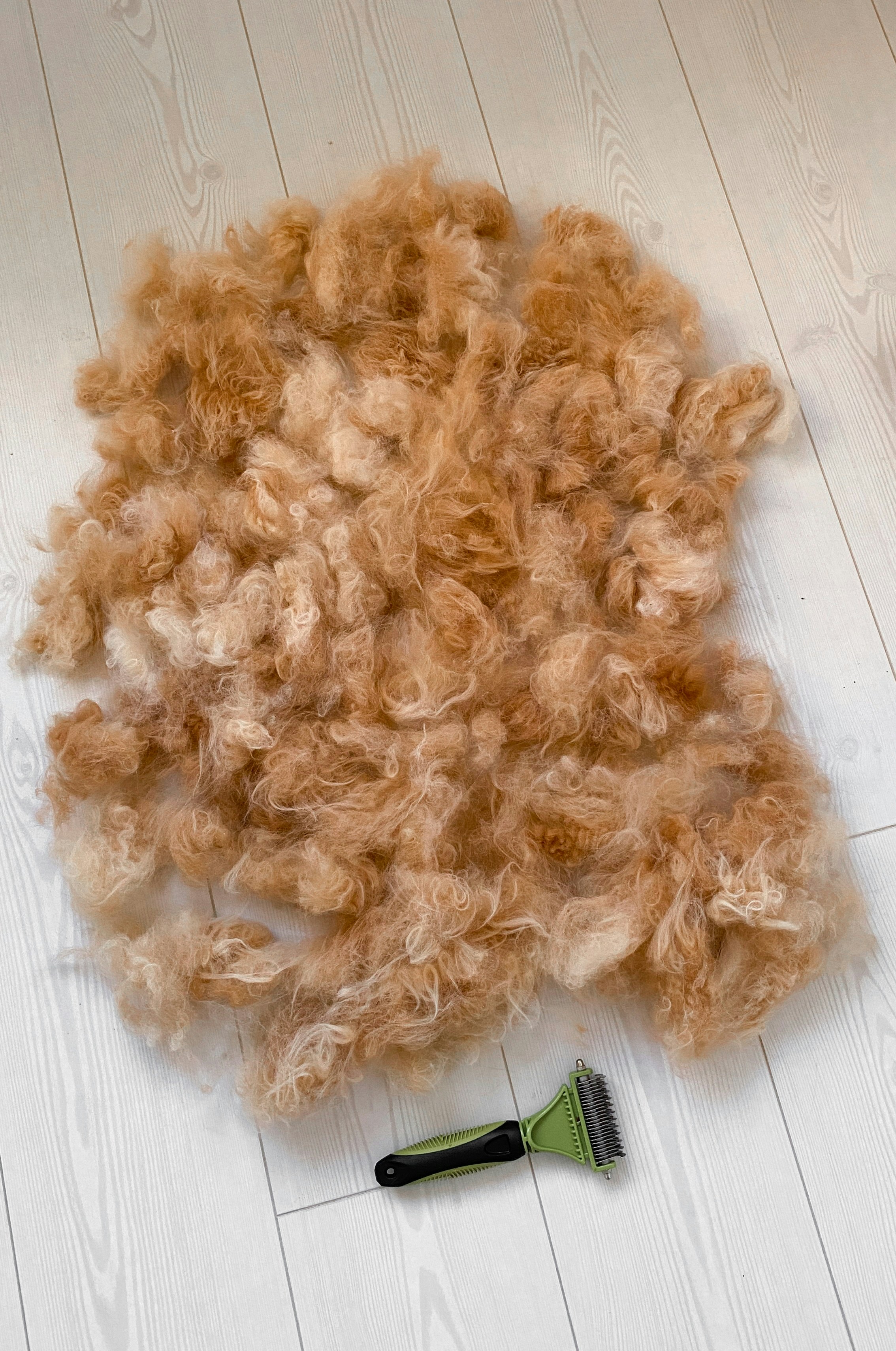 a pile of hair sitting on top of a white floor