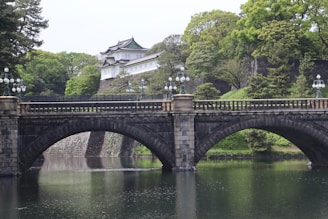 a bridge over a body of water with a castle in the background