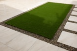 a green grass area in the middle of a walkway
