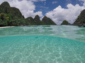 a body of water with rocks in the background