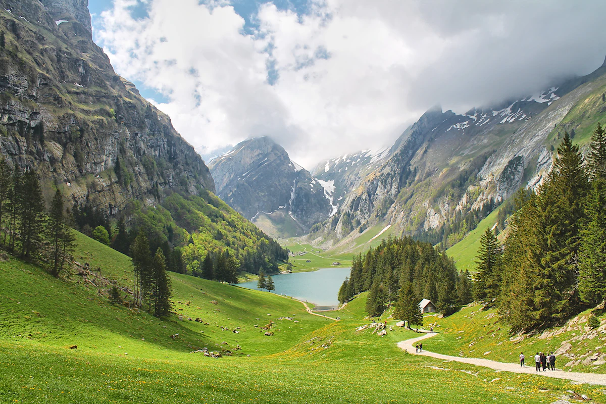 Green Alpine valley with a lake and mountains