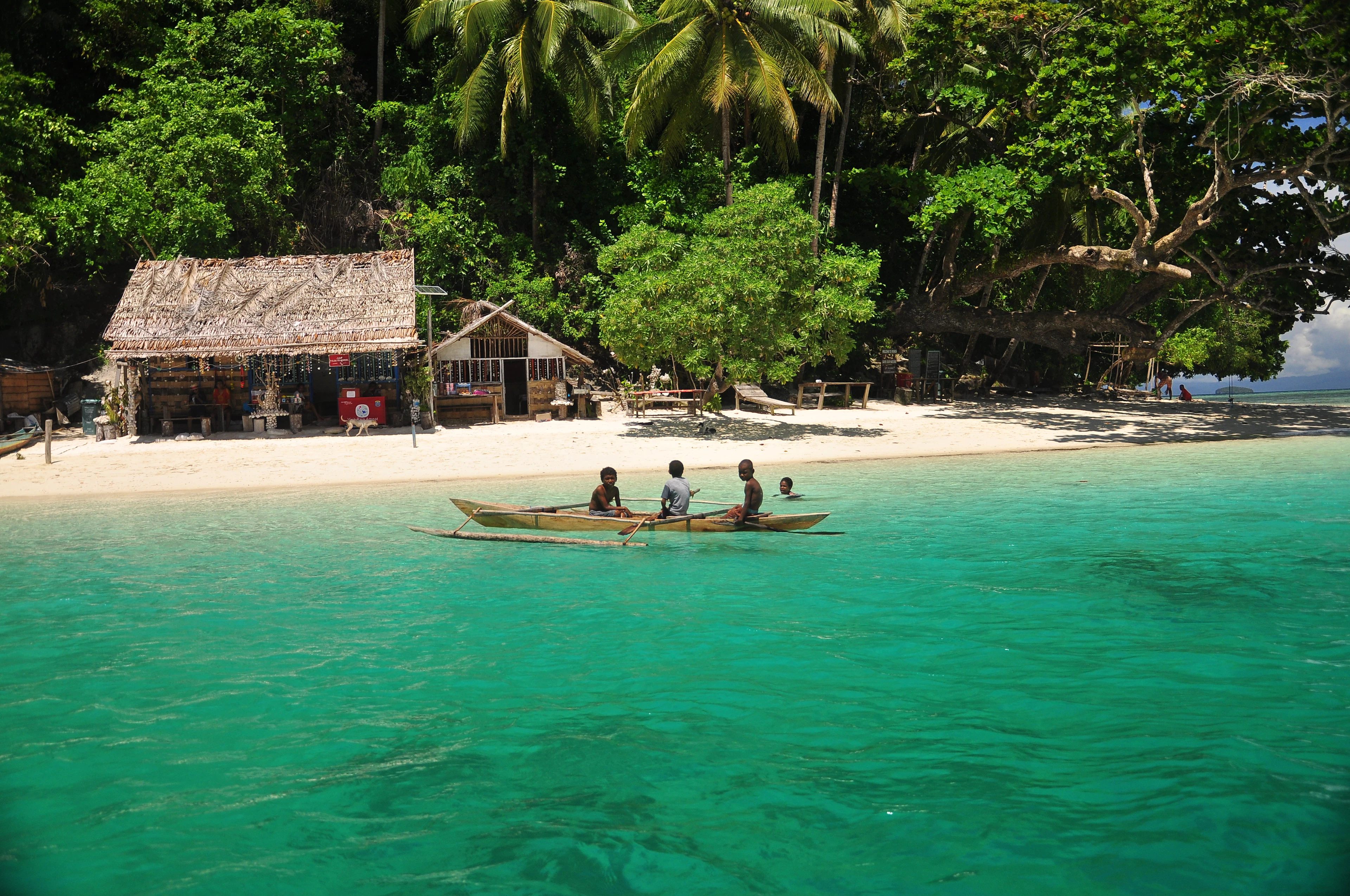 A wooden canoe in clear green water off a beach with thatched huts, Raja Ampat