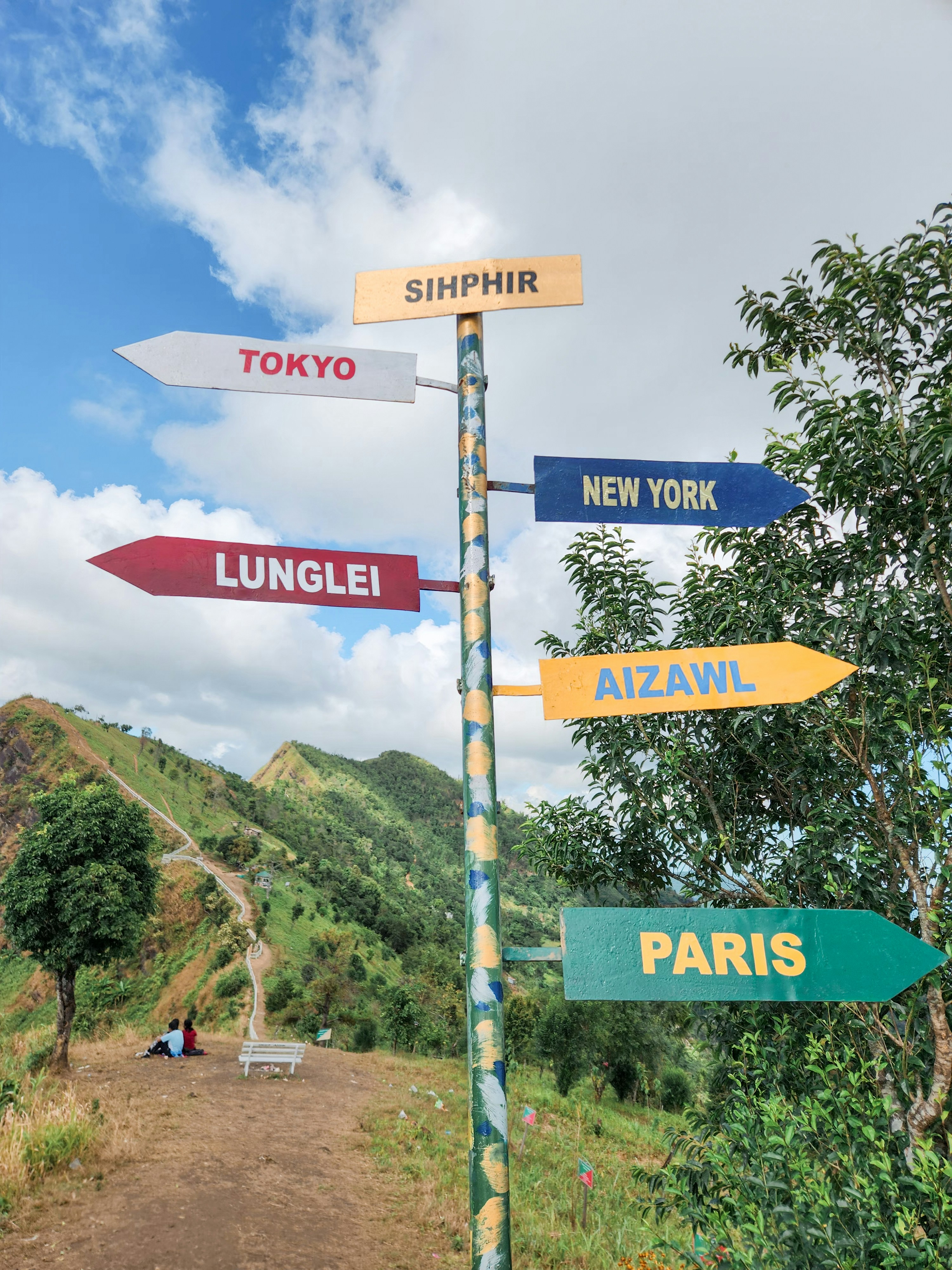 Multiple signposts at the north-eastern village of Sihphir in Meghalaya, India