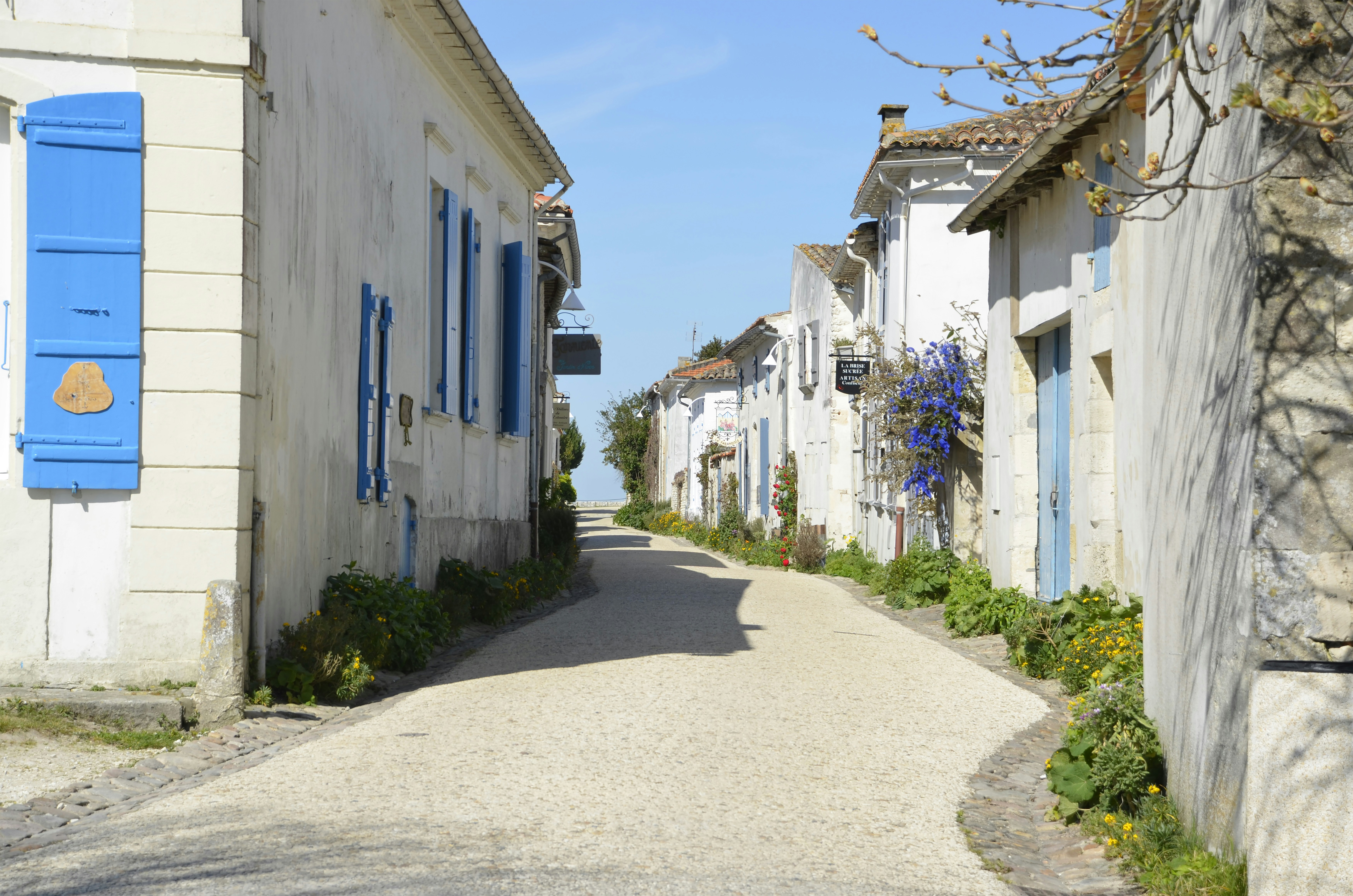 uma rua estreita ladeada de casas brancas e persianas azuis