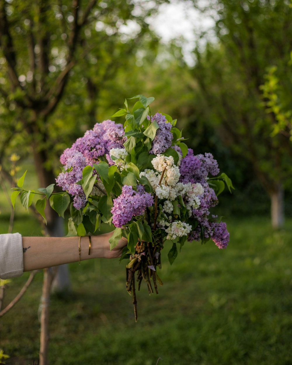 a person holding a bouquet of purple and white flowers