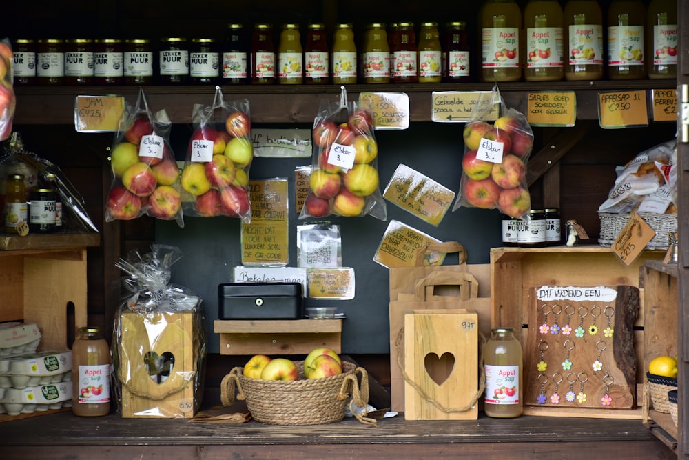 a display of apples and honey in a store