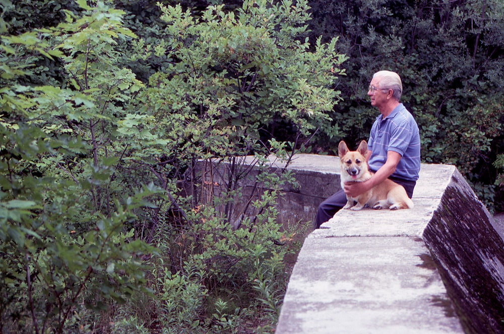 un homme assis sur un rebord avec un chien