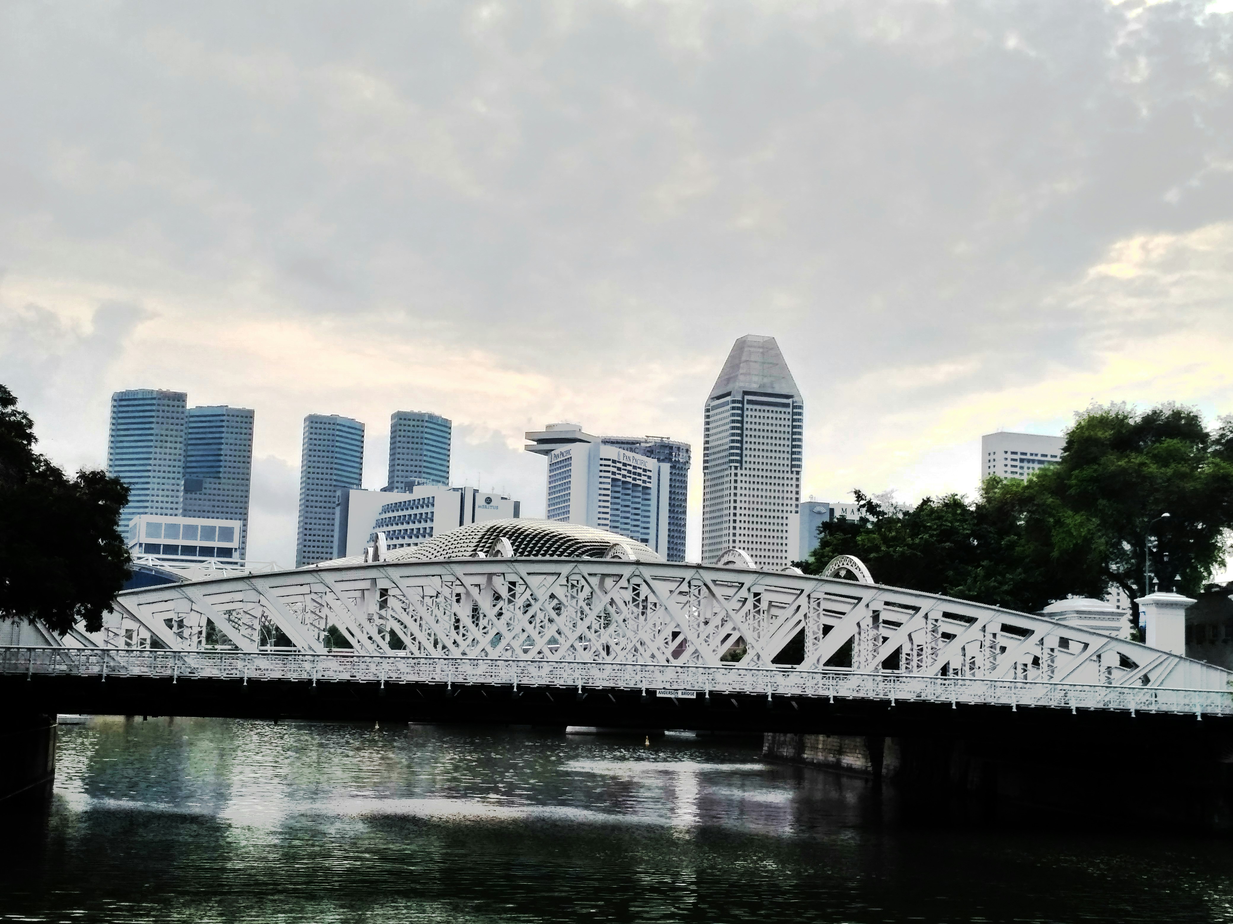 a bridge over a body of water with a city in the background