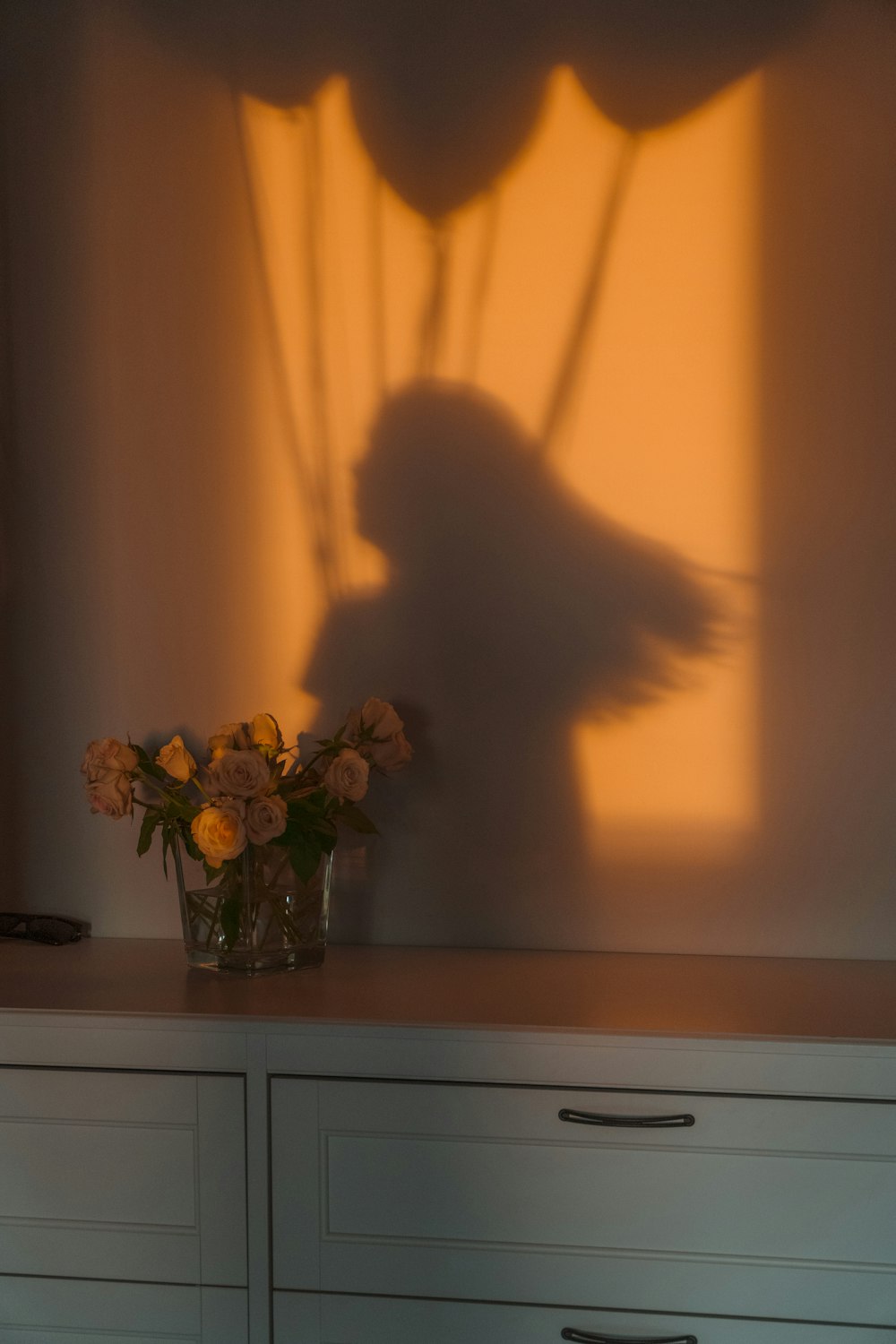 a shadow of a bird on a wall next to a vase of flowers