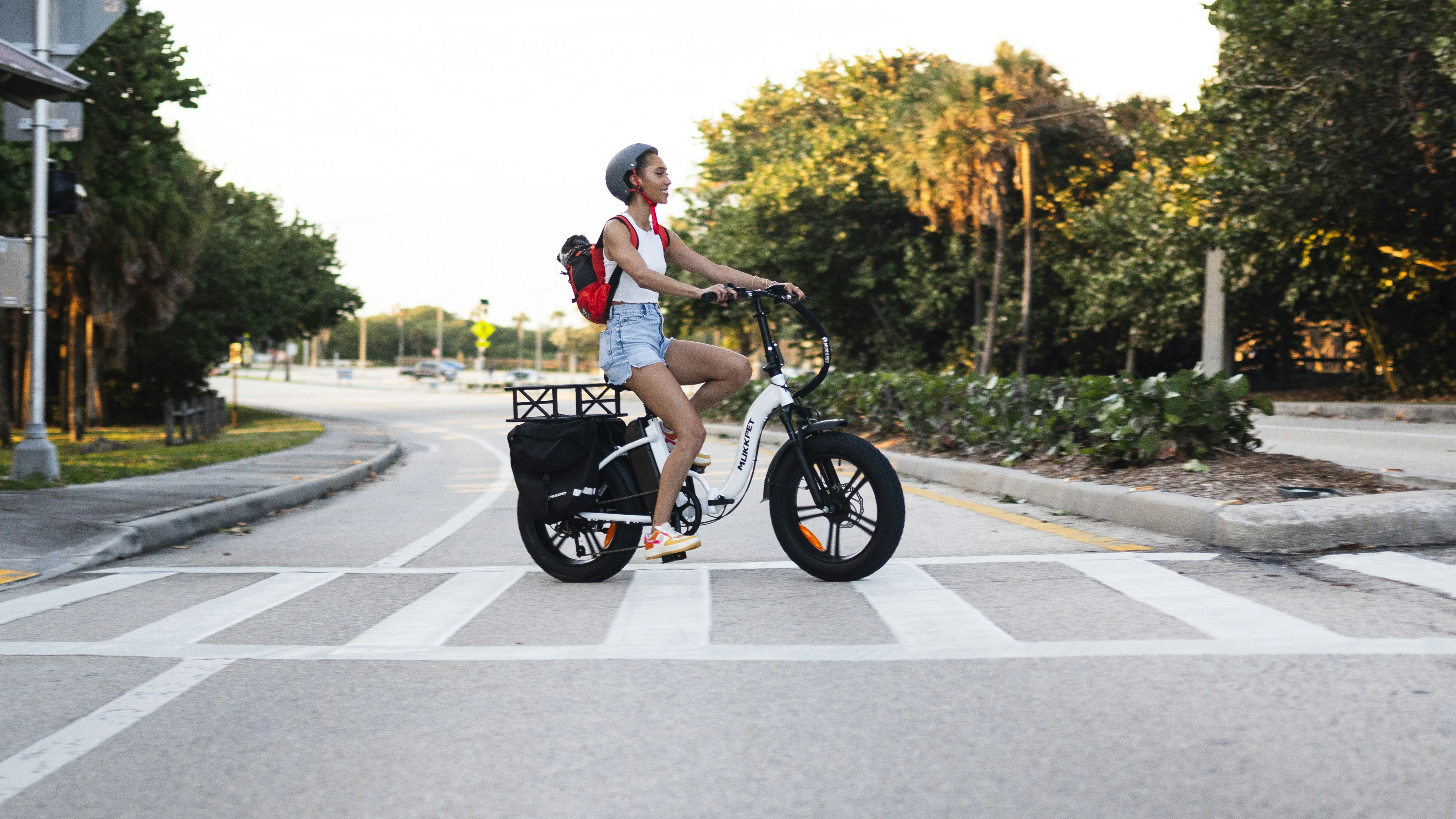 a woman riding a bike across a cross walk
