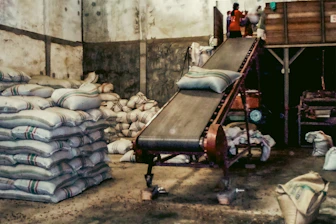 a conveyor belt in a warehouse filled with bags