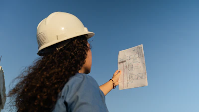 a woman wearing a hard hat holding a piece of paper